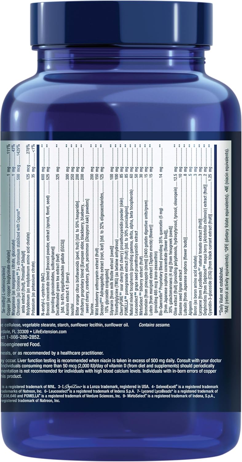 Tabela nutricional detalhada do Life Extension Mix Capsules com vitaminas, minerais e compostos antioxidantes