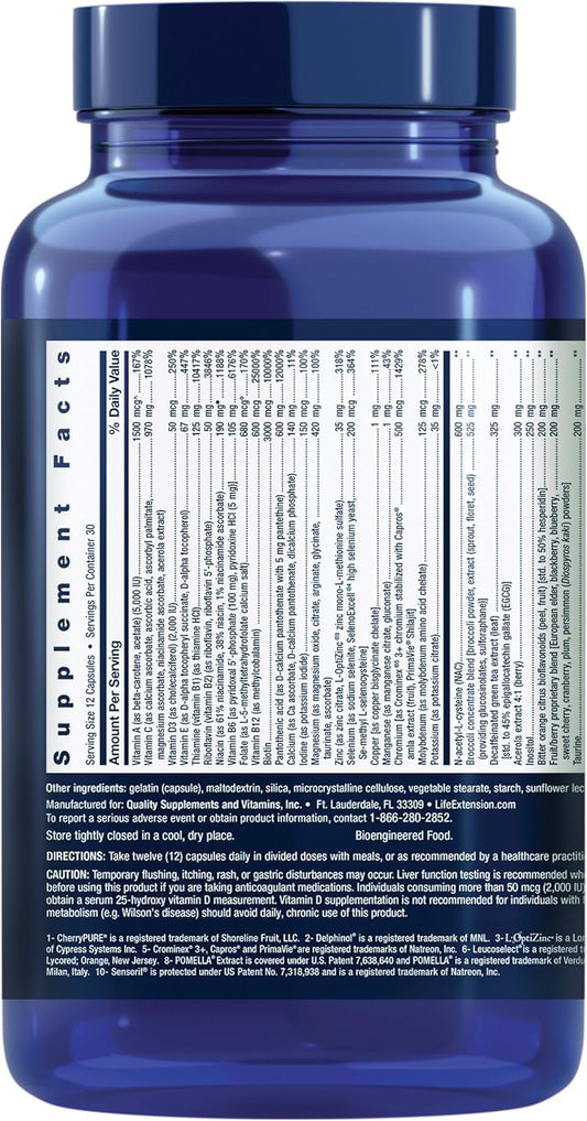Tabela nutricional detalhada do Life Extension Mix Capsules com vitaminas, minerais e compostos antioxidantes