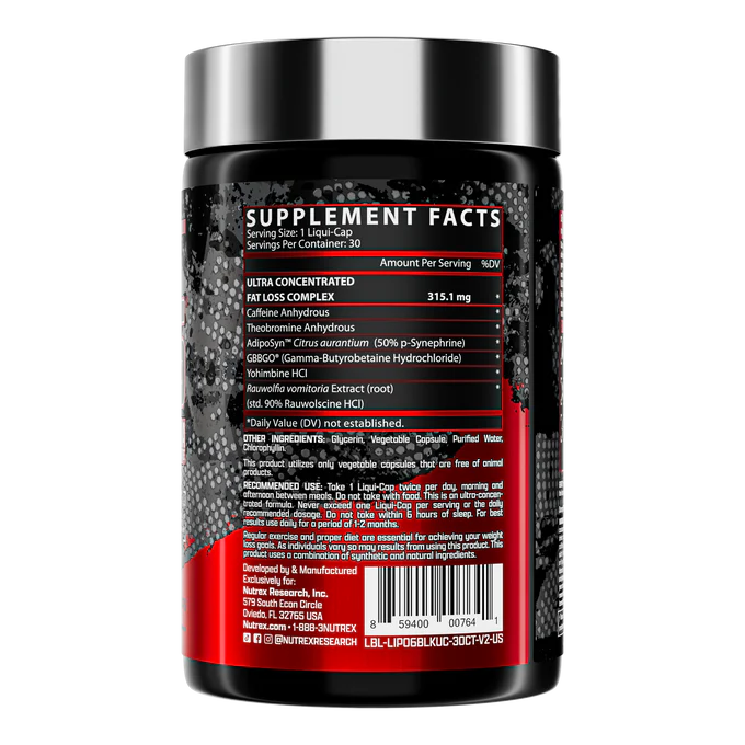 Frasco preto do termogênico Nutrex Lipo-6 Black Ultra Concentrado com 60 cápsulas, vendido pela Nutrivita.