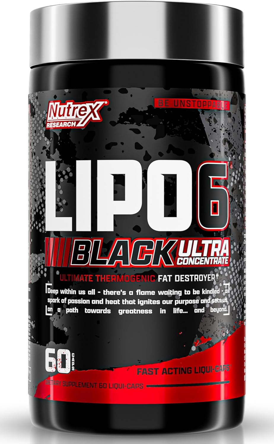 Frasco preto do termogênico Nutrex Lipo-6 Black Ultra Concentrado com 60 cápsulas, vendido pela Nutrivita.