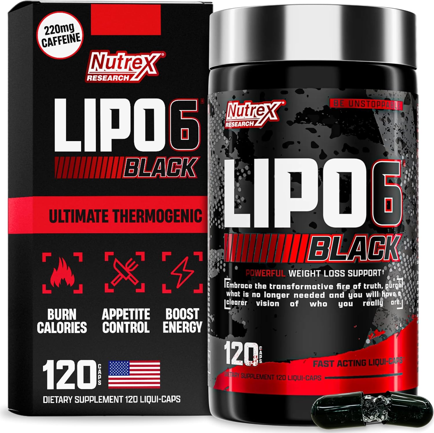 Frasco do suplemento Nutrex Lipo-6 Black Fat Destroyer com 120 cápsulas. Produto para queima de gordura, termogênico e controle de apetite