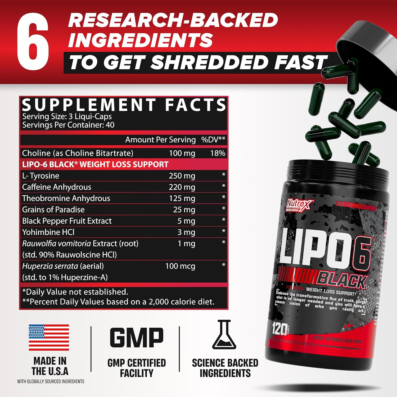Frasco do suplemento Nutrex Lipo-6 Black Fat Destroyer com 120 cápsulas. Produto para queima de gordura, termogênico e controle de apetite.