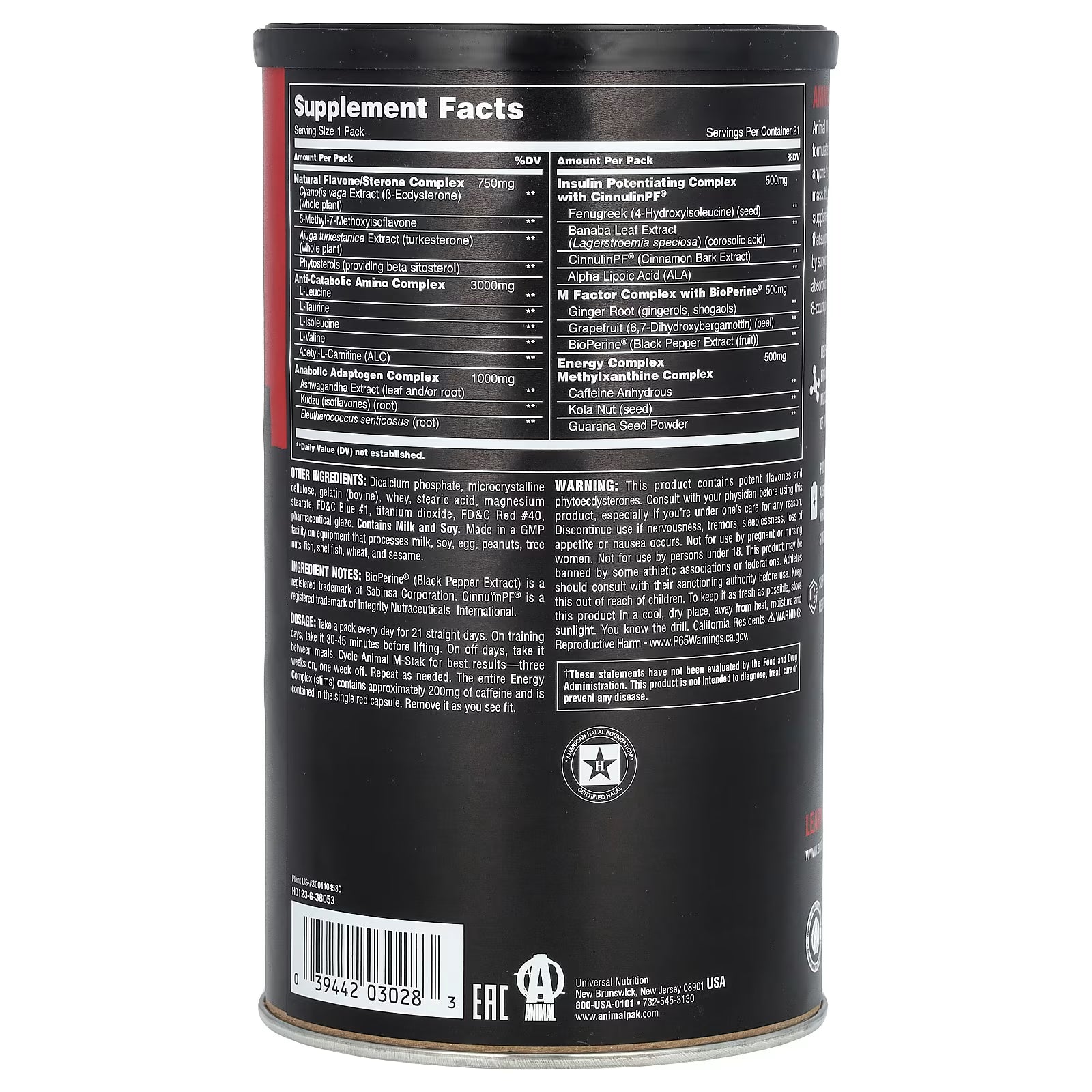Tabela nutricional e ingredientes do suplemento Animal M-Stak da Universal Nutrition.
