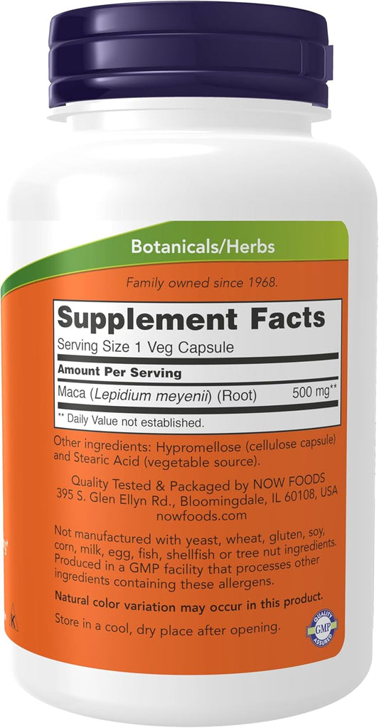 Frasco do suplemento de Maca Peruana 500mg da NOW Foods com 250 cápsulas vegetais.
