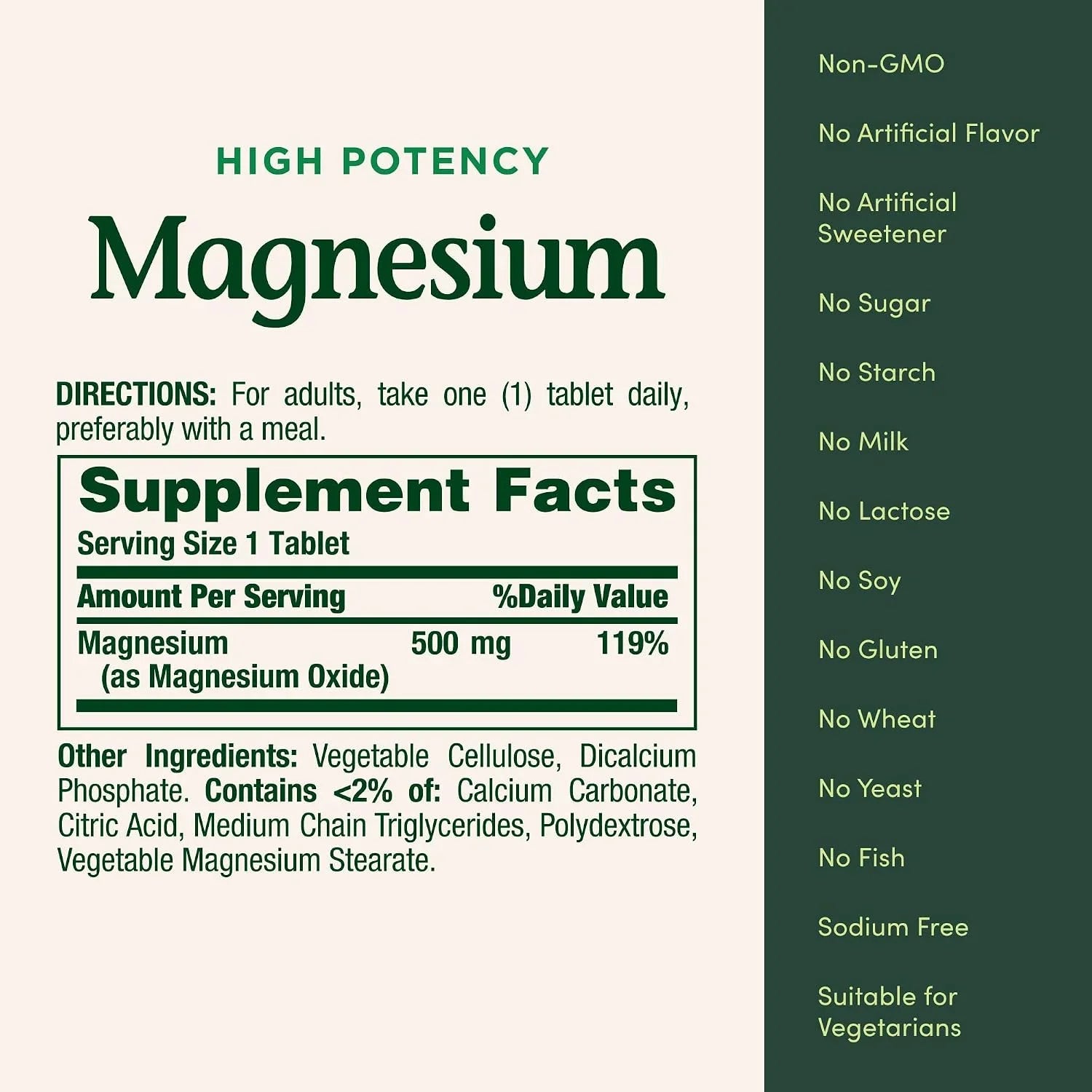 Tabela nutricional do Nature's Bounty Magnesium 500 mg por comprimido.