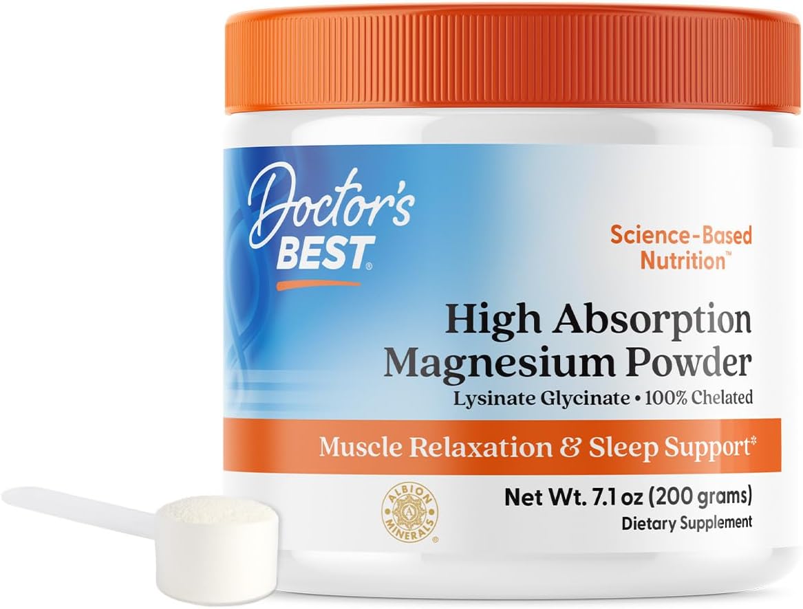Pote branco do Doctor's Best High Absorption Magnesium Powder com rótulo azul e laranja, vendido pela NutriVita.