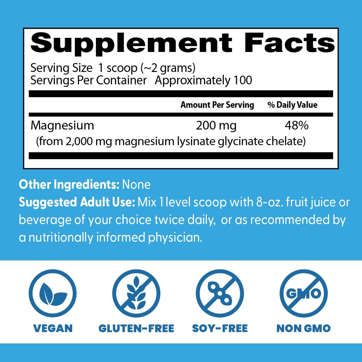 Tabela nutricional do Doctor's Best Magnesium Powder mostrando a composição com magnésio quelato TRAACS.