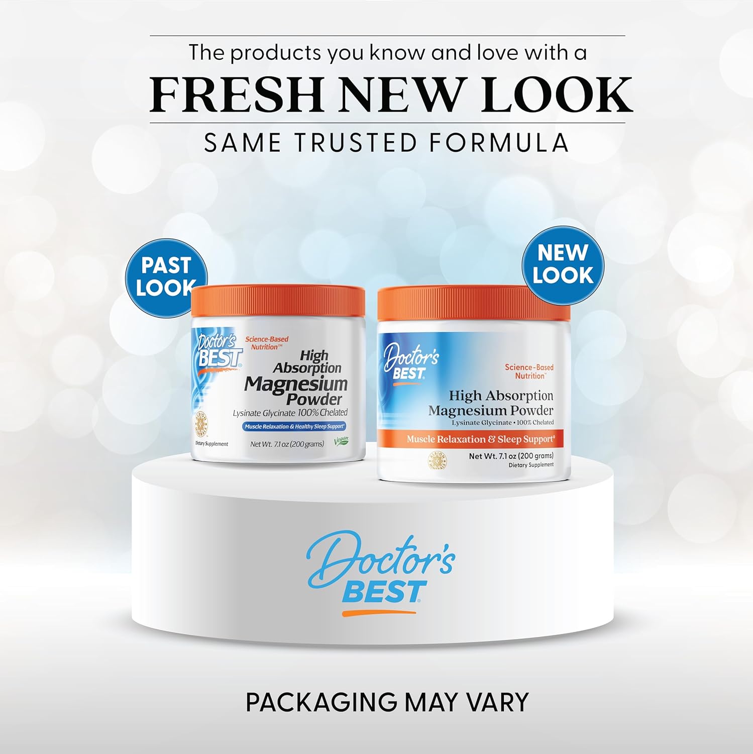 Nova embalagem do Pote branco do Doctor's Best High Absorption Magnesium Powder com rótulo azul e laranja, vendido pela NutriVita.