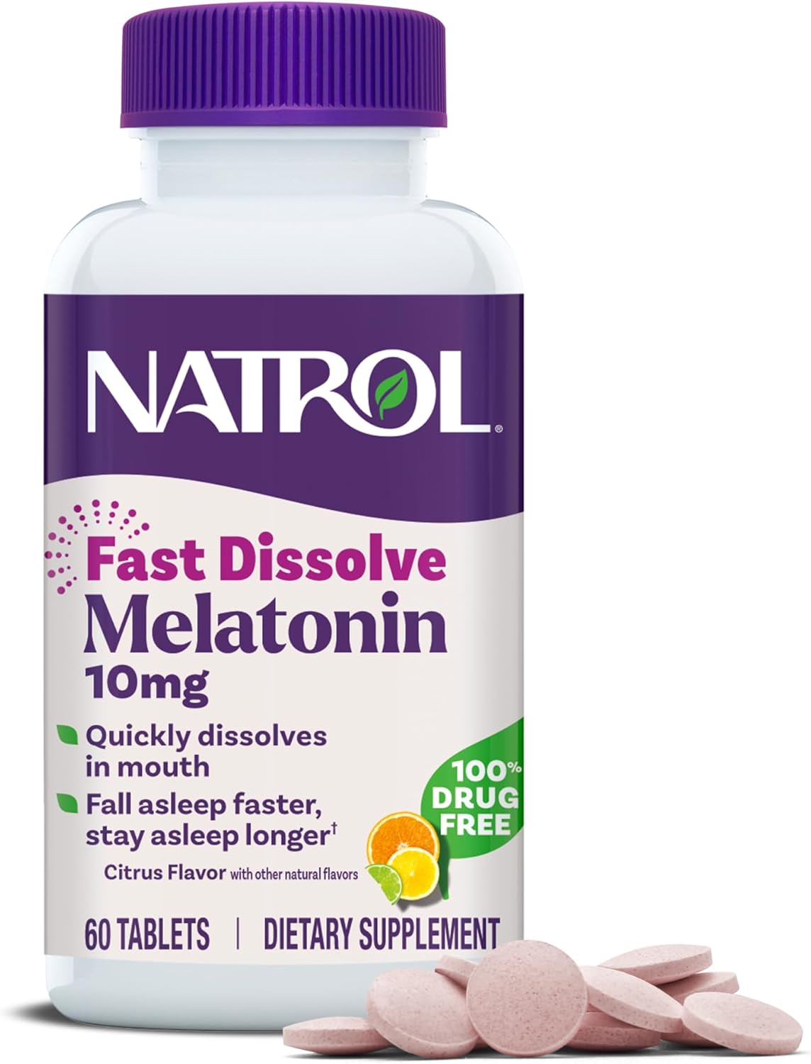 Frasco Natrol Melatonina 10mg Dissolução Rápida sabor Citrus Punch 60 comprimidos importado.