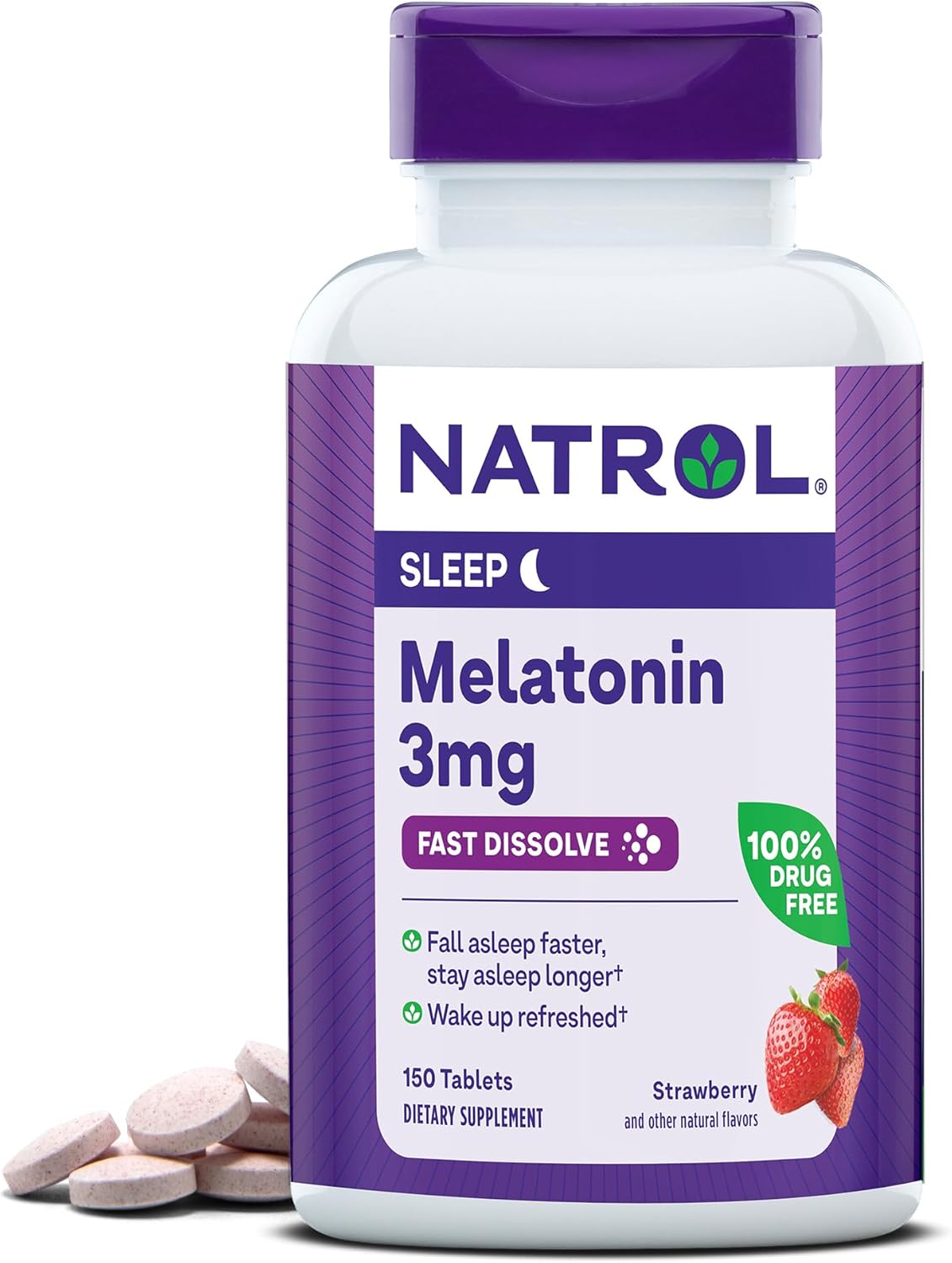 Comprimidos Natrol Melatonina 3mg em frasco aberto, suplemento dietético para o sono com dissolução rápida
