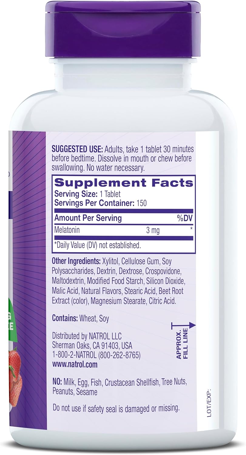 Tabela nutricional do suplemento Natrol Melatonina 3mg com informações detalhadas de ingredientes ativos e inativos