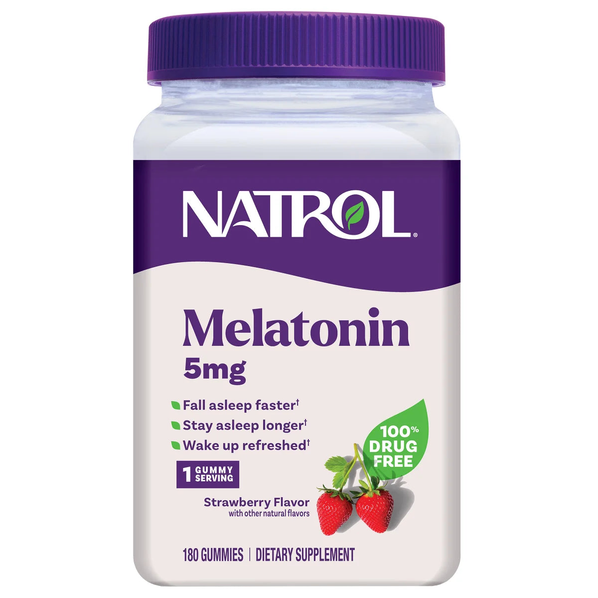 Frasco com 180 gomas mastigáveis de Melatonina Natrol 5mg sabor morango, suplemento para adormecer rápido e melhorar o sono.