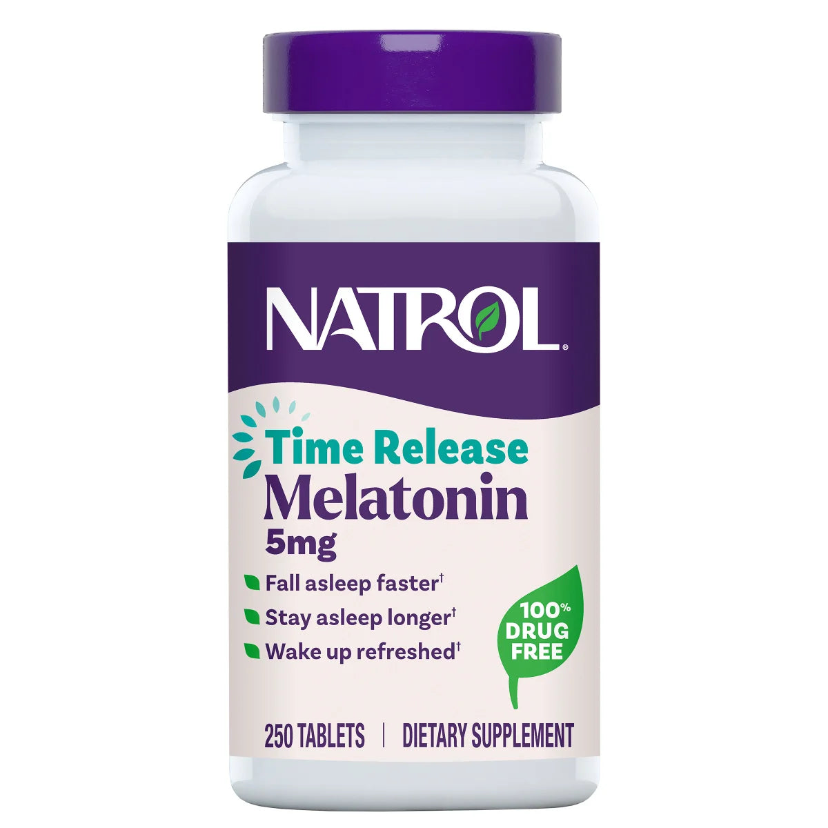 Frasco com 250 comprimidos de Natrol Melatonina 5mg Time Release, suplemento de liberação prolongada para ajudar a adormecer e a permanecer a dormir.