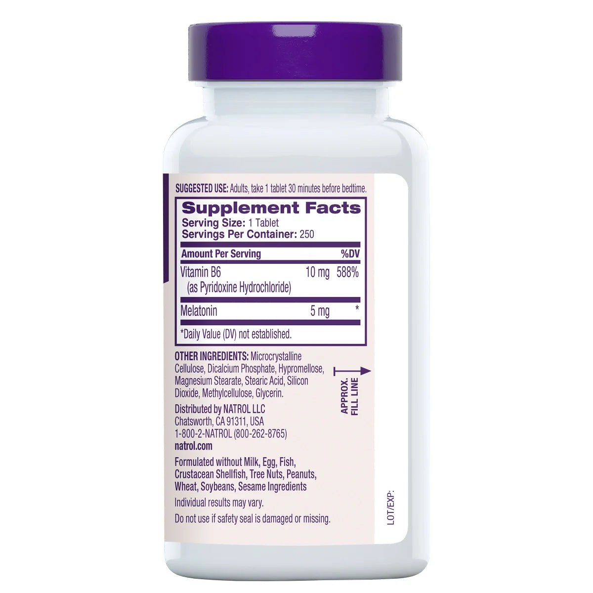 Rótulo com informações nutricionais e de uso da Natrol Melatonina 5mg, destacando a fórmula 100% vegetariana e a dose de 5mg por comprimido.