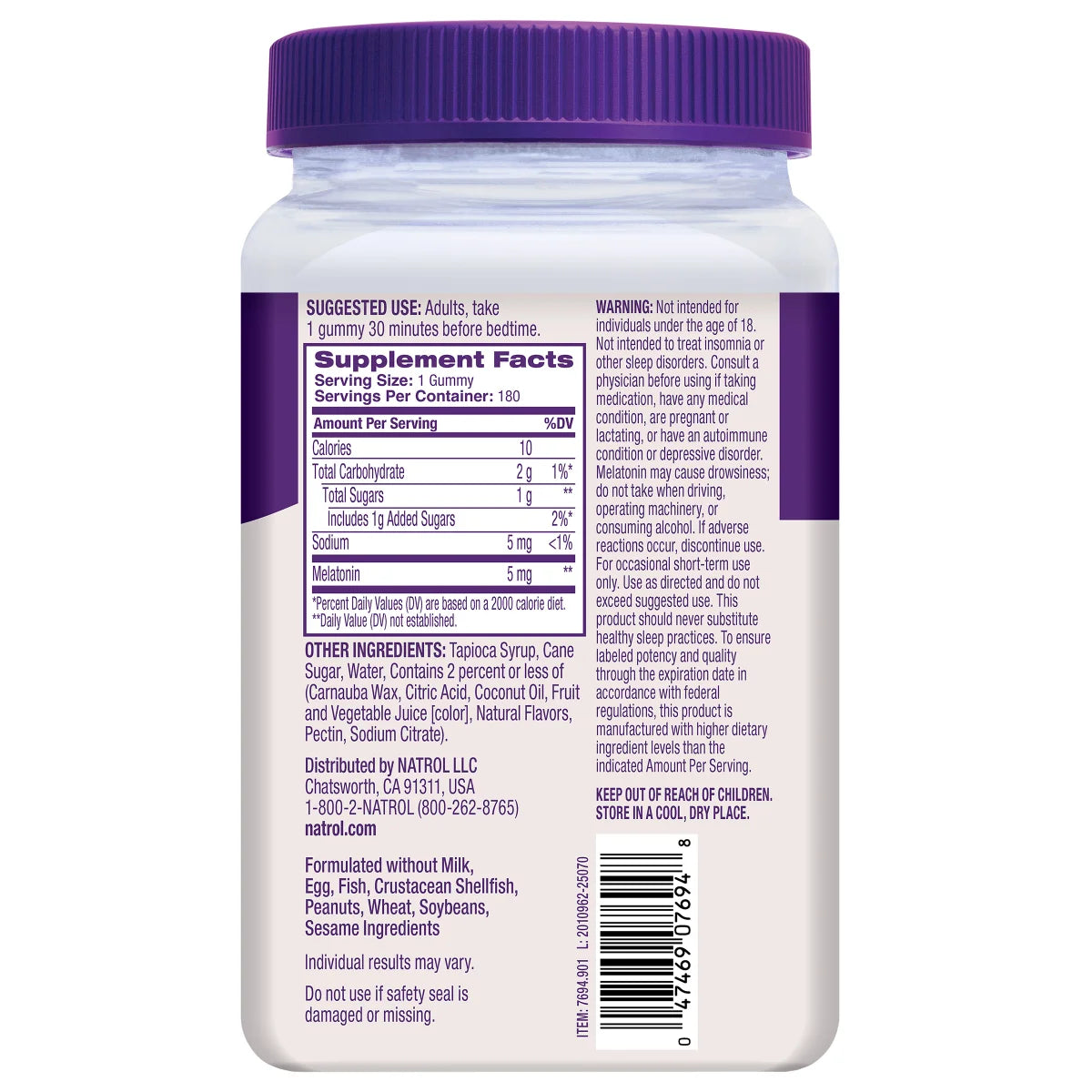 Frasco com 180 gomas mastigáveis de Melatonina Natrol 5mg sabor morango, suplemento para adormecer rápido e melhorar o sono.