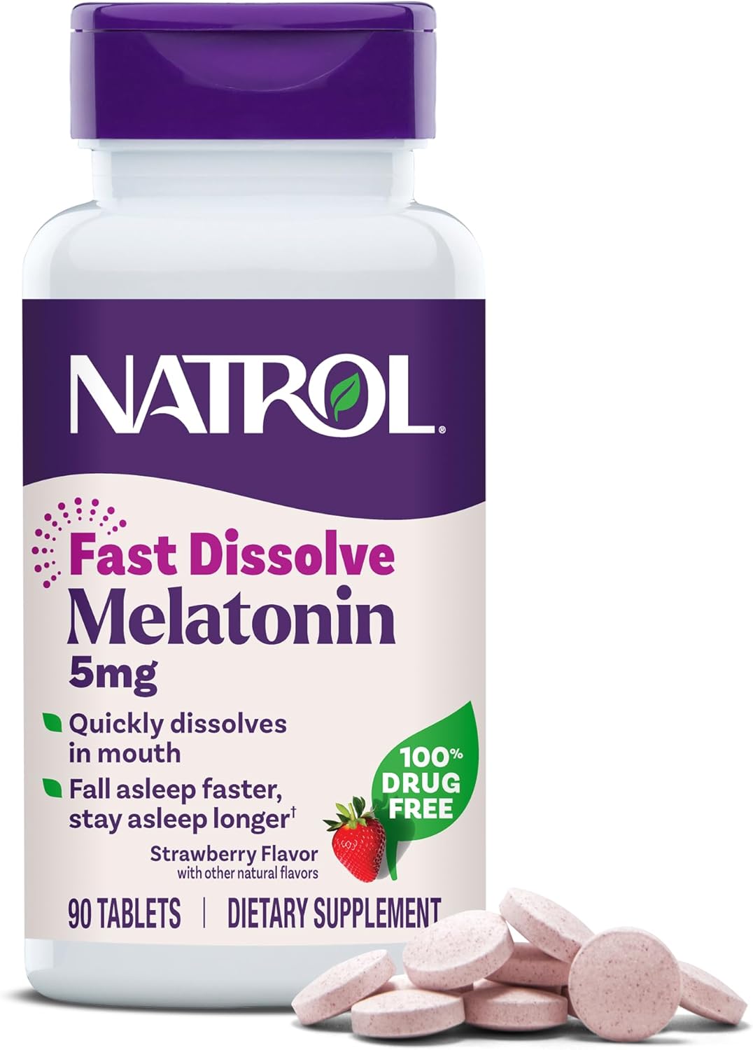 Natrol Melatonina Rápida Dissolução 5mg - Suplemento para um Sono Reparador para Adultos, 90 Comprimidos Sabor Morango