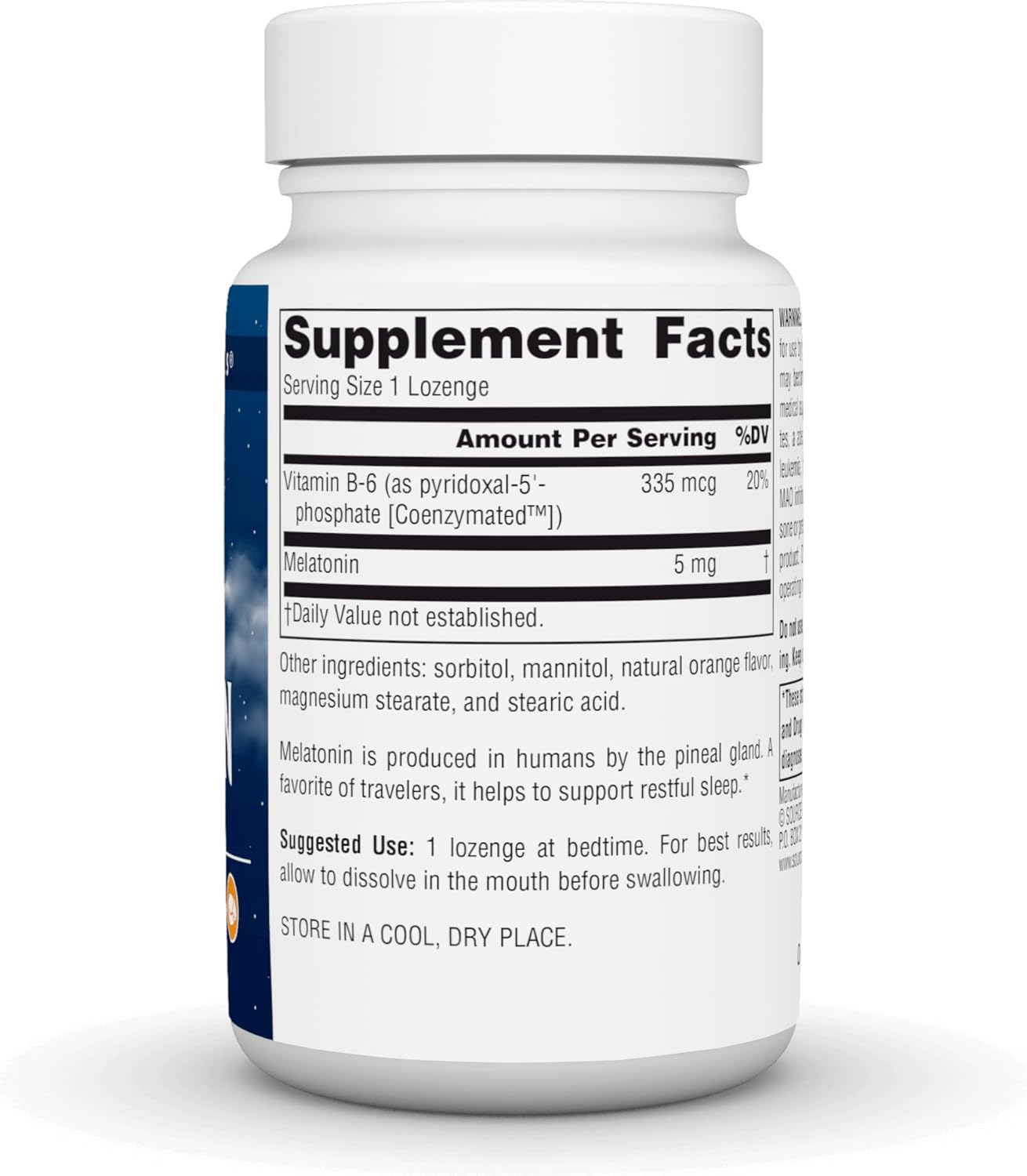 Frasco do suplemento Source Naturals Melatonina Sublingual 5mg sabor laranja, com 200 comprimidos para regulação do sono.