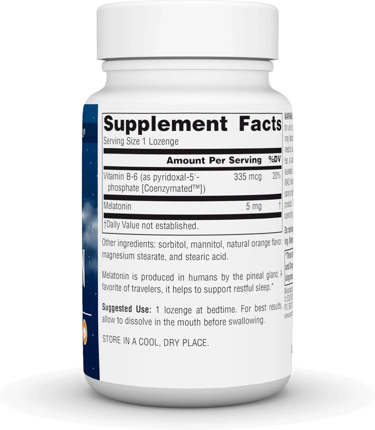 Informação nutricional da Source Naturals Melatonin 5 mg com vitamina B6.