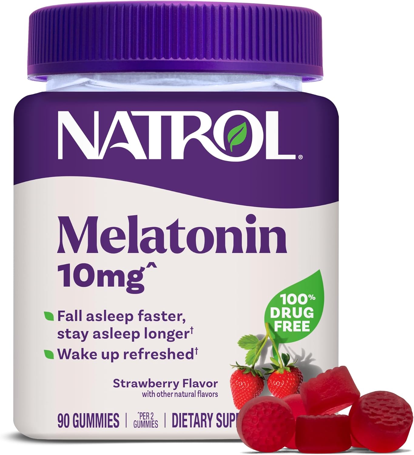 Frasco do suplemento Natrol Melatonina 10mg com 90 gomas mastigáveis sabor morango para um sono reparador.