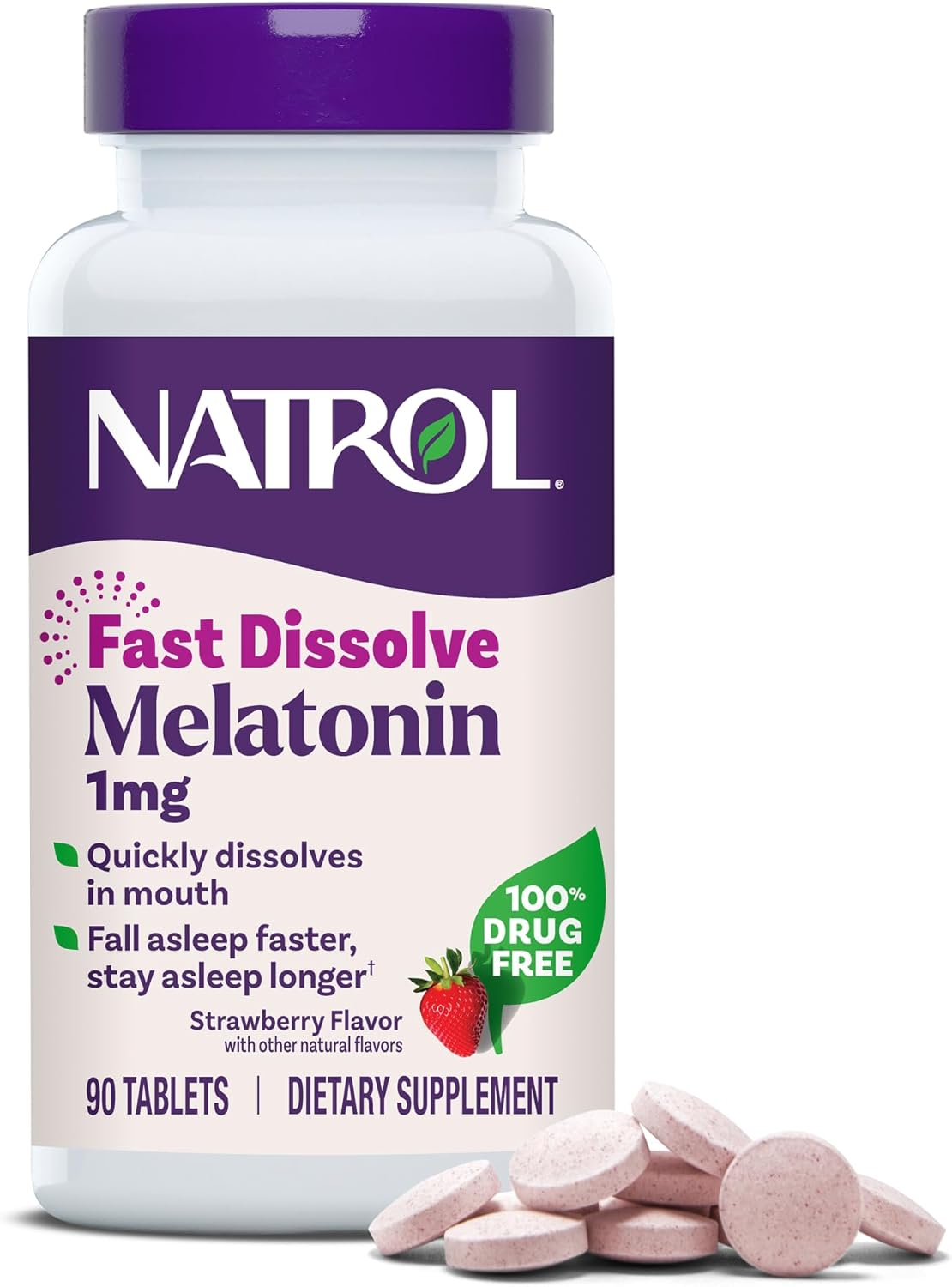 Frasco de Natrol Melatonina 1mg Fast Dissolve com 90 comprimidos sabor morango.
