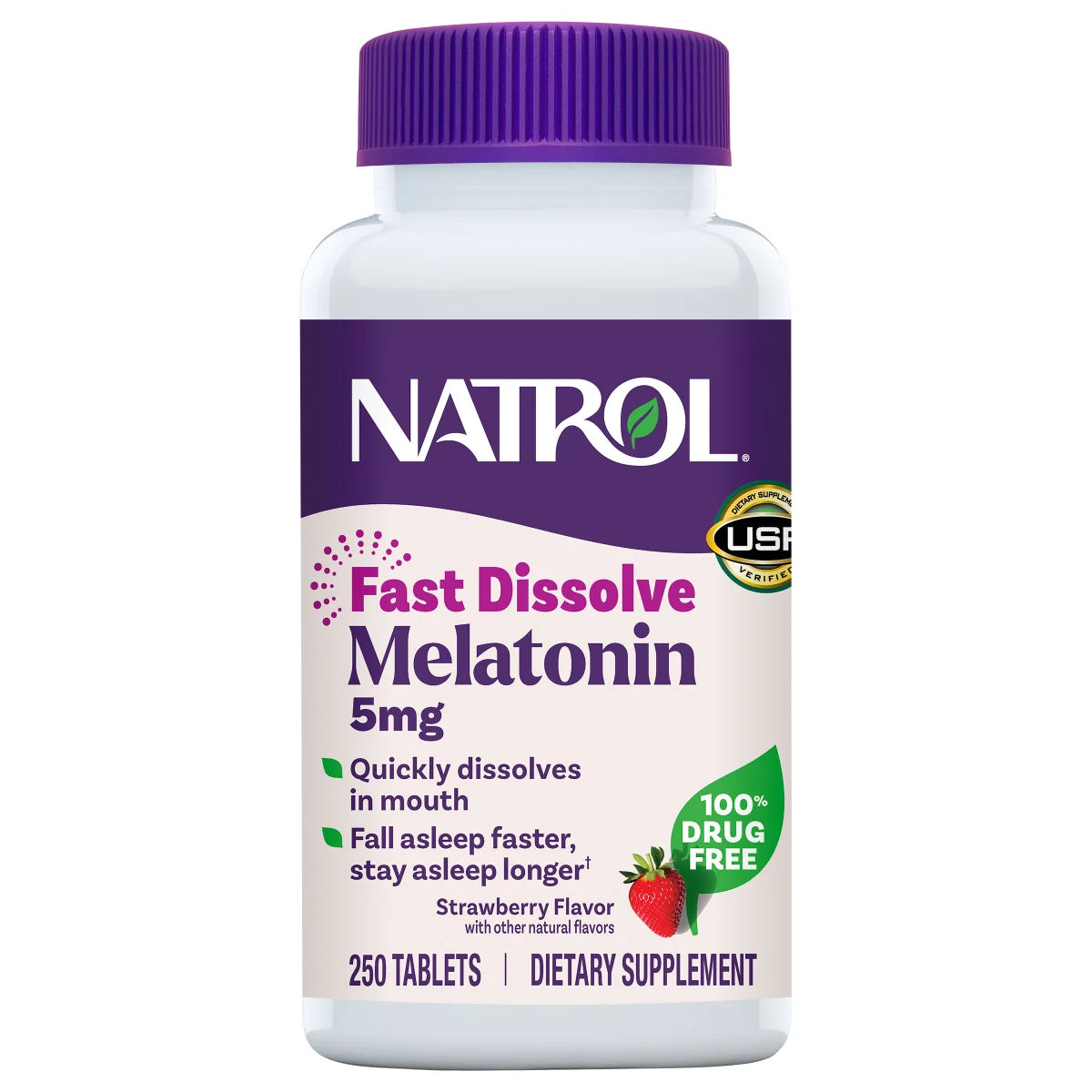 Frasco do suplemento Natrol Melatonina 5mg com 250 comprimidos de dissolução rápida sabor morango, ideal para auxiliar no sono e relaxamento.