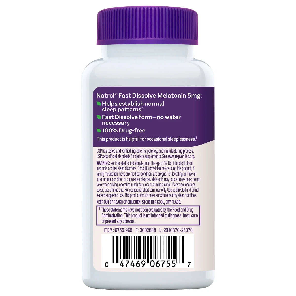 Frasco do suplemento Natrol Melatonina 5mg com 250 comprimidos de dissolução rápida sabor morango, ideal para auxiliar no sono e relaxamento.