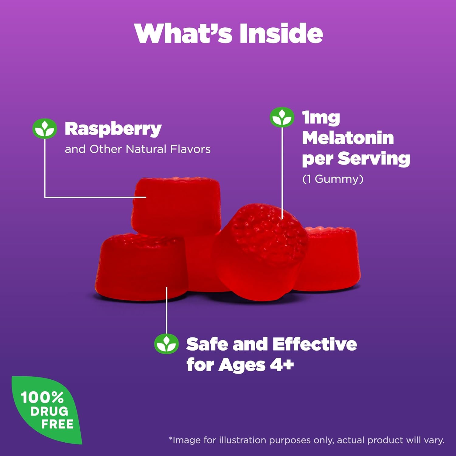 Foto das gomas do suplemento Natrol Melatonina Infantil 1mg com 90 gomas sabor framboesa, indicado para melhorar o sono de crianças a partir de 4 anos.