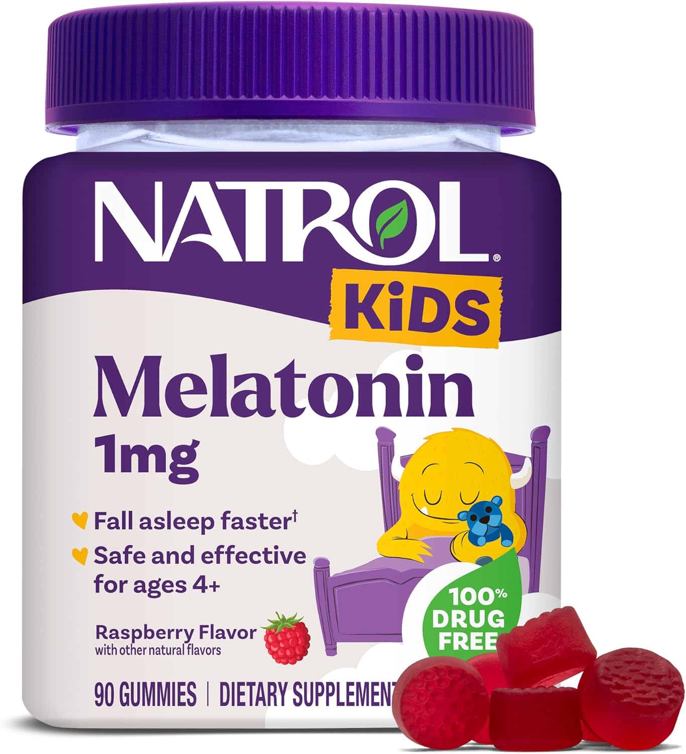 Frasco do suplemento Natrol Melatonina Infantil 1mg com 90 gomas sabor framboesa, indicado para melhorar o sono de crianças a partir de 4 anos.