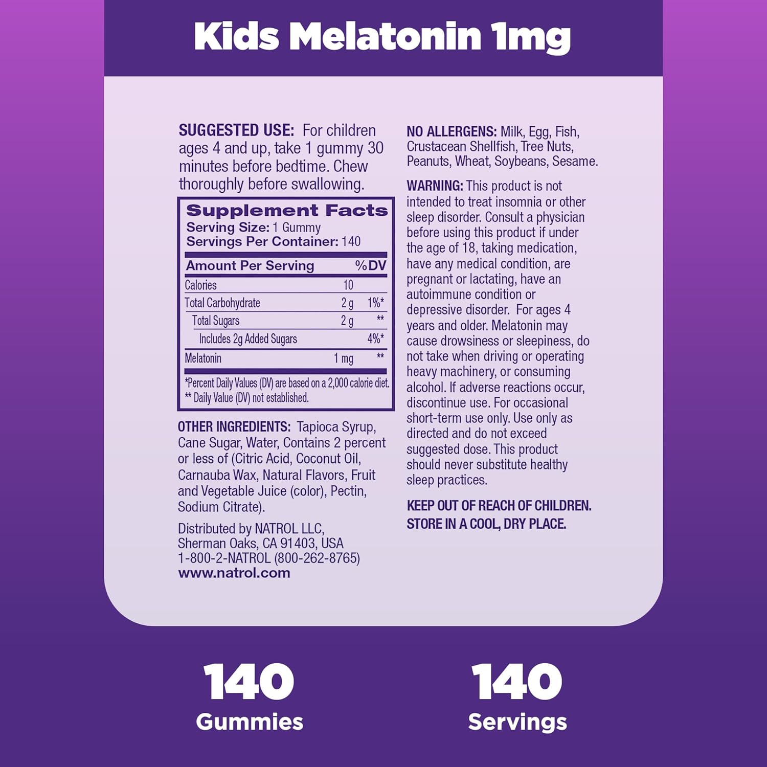 Natrol Kids Melatonina para Crianças 1mg, 140 gomas sabor Framboesa