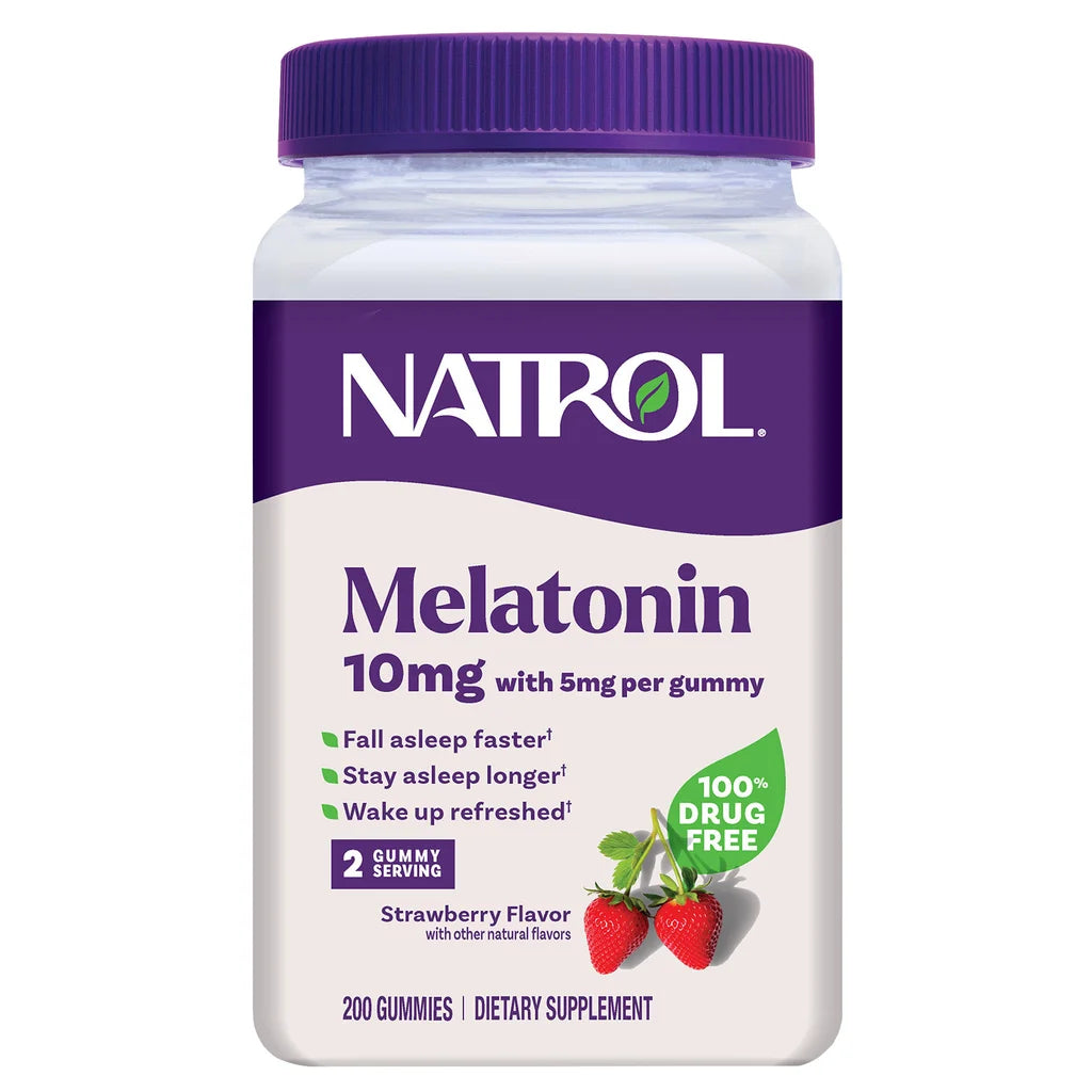 Embalagem do suplemento Melatonina Natrol 10mg contendo 200 gomas mastigáveis sabor morango, produto importado dos Estados Unidos.