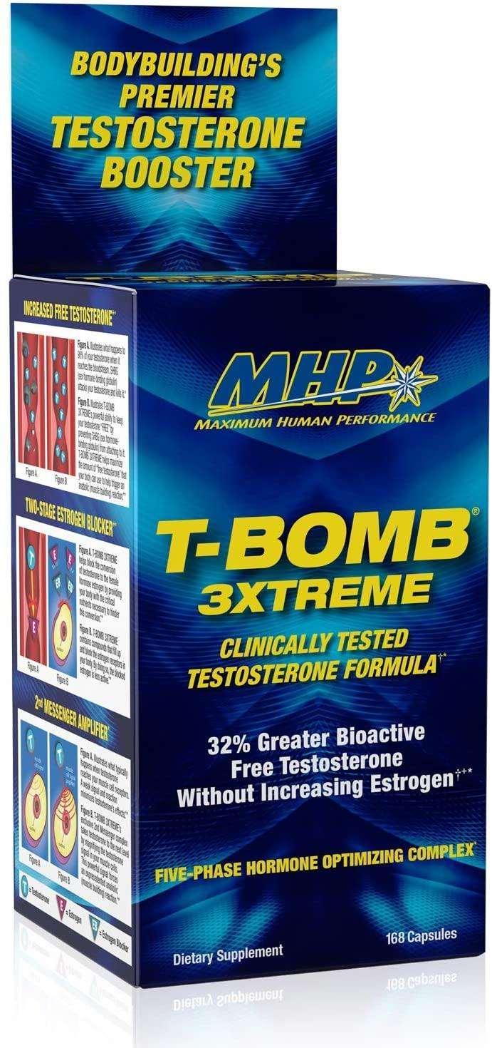 MHP T-Bomb 3Xtreme fórmula de suporte à testosterona com 168 cápsulas.