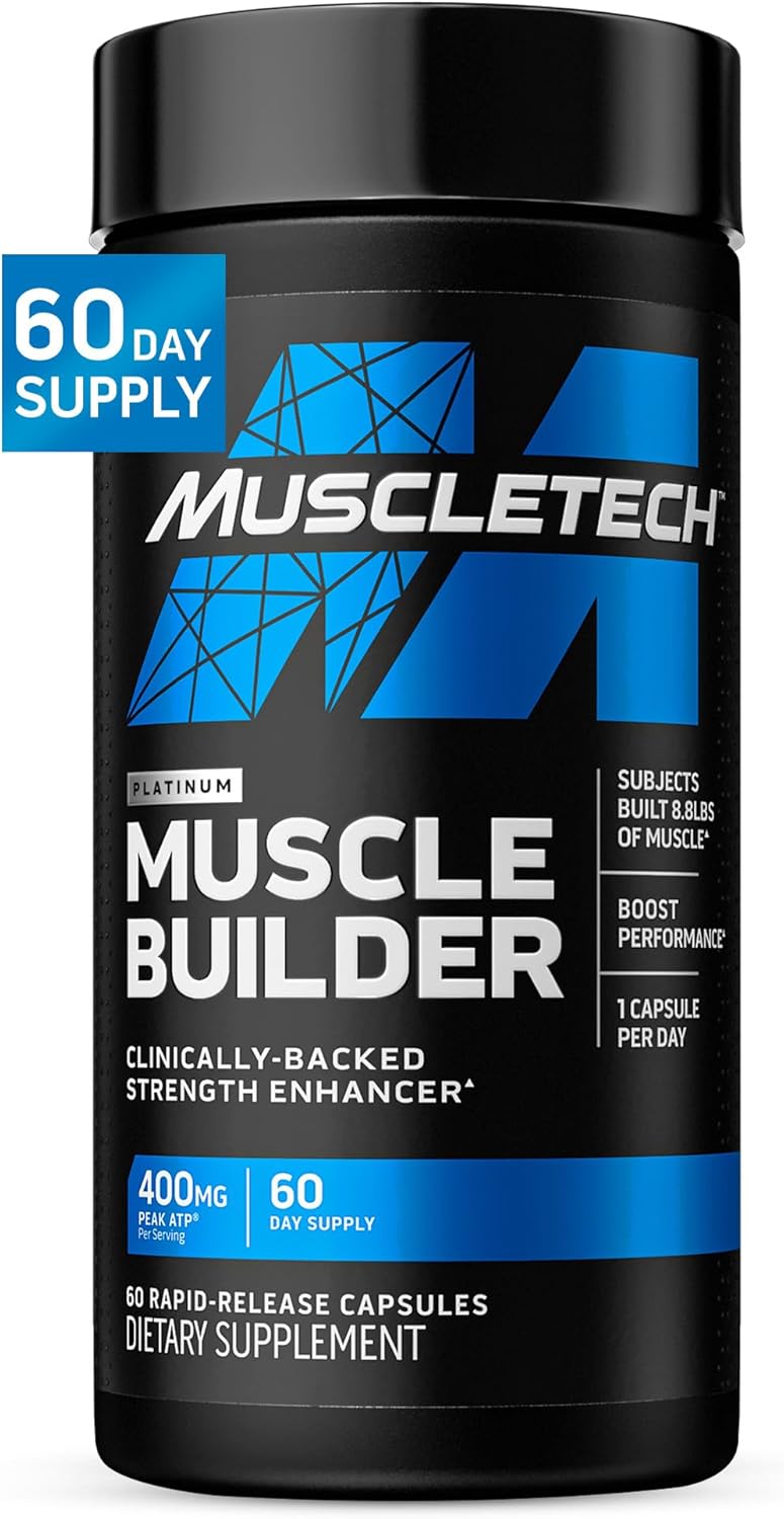 Frasco de MuscleTech Muscle Builder com 60 comprimidos, destacando o ingrediente PEAK ATP para ganho de força.