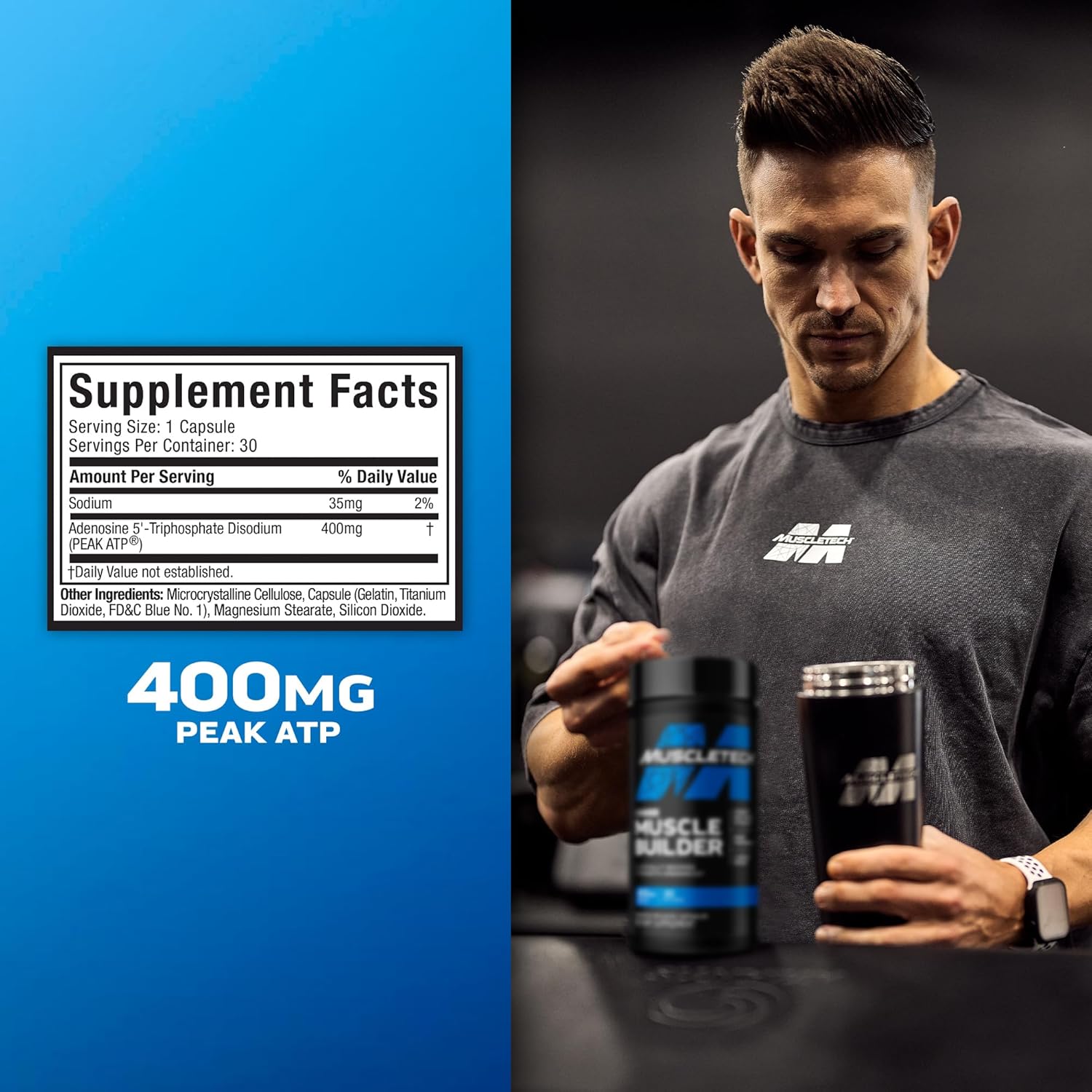 Tabela nutricional do MuscleTech Muscle Builder, mostrando a dose de 400mg de adenosina 5-trifosfato dissódico (PEAK ATP).