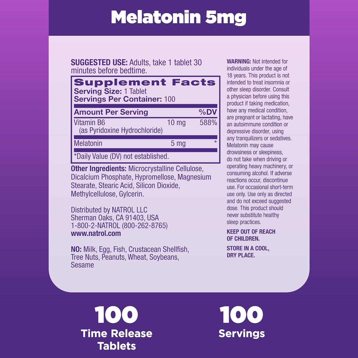 Natrol Melatonina 5mg Liberação Prolongada Time Release 100 CAPS - NutriVita
