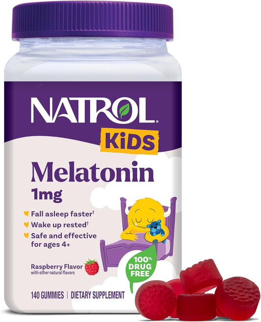 Frasco frontal do Natrol Kids Melatonina 1mg com 140 gomas sabor framboesa suplemento infantil para o sono.