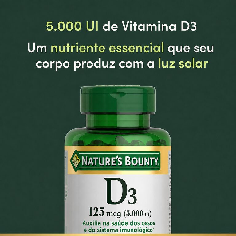 Nature's Bounty Vitamina D3 5000 UI sem glúten, açúcar, lactose e corantes artificiais.