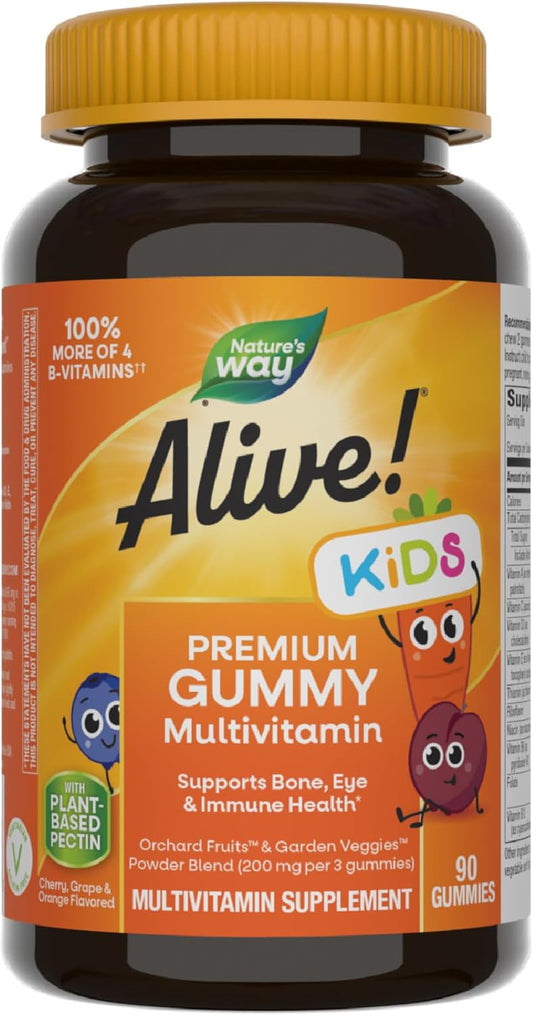 Frasco Nature's Way Alive! Kids Premium Gummy Multivitamin com 90 gomas nos sabores cereja, uva e laranja.