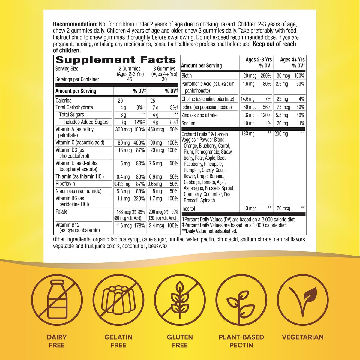 Tabela nutricional Nature's Way Alive! Kids 90 gomas com porções para crianças de 2 a 3 anos e a partir de 4 anos, e características da fórmula.