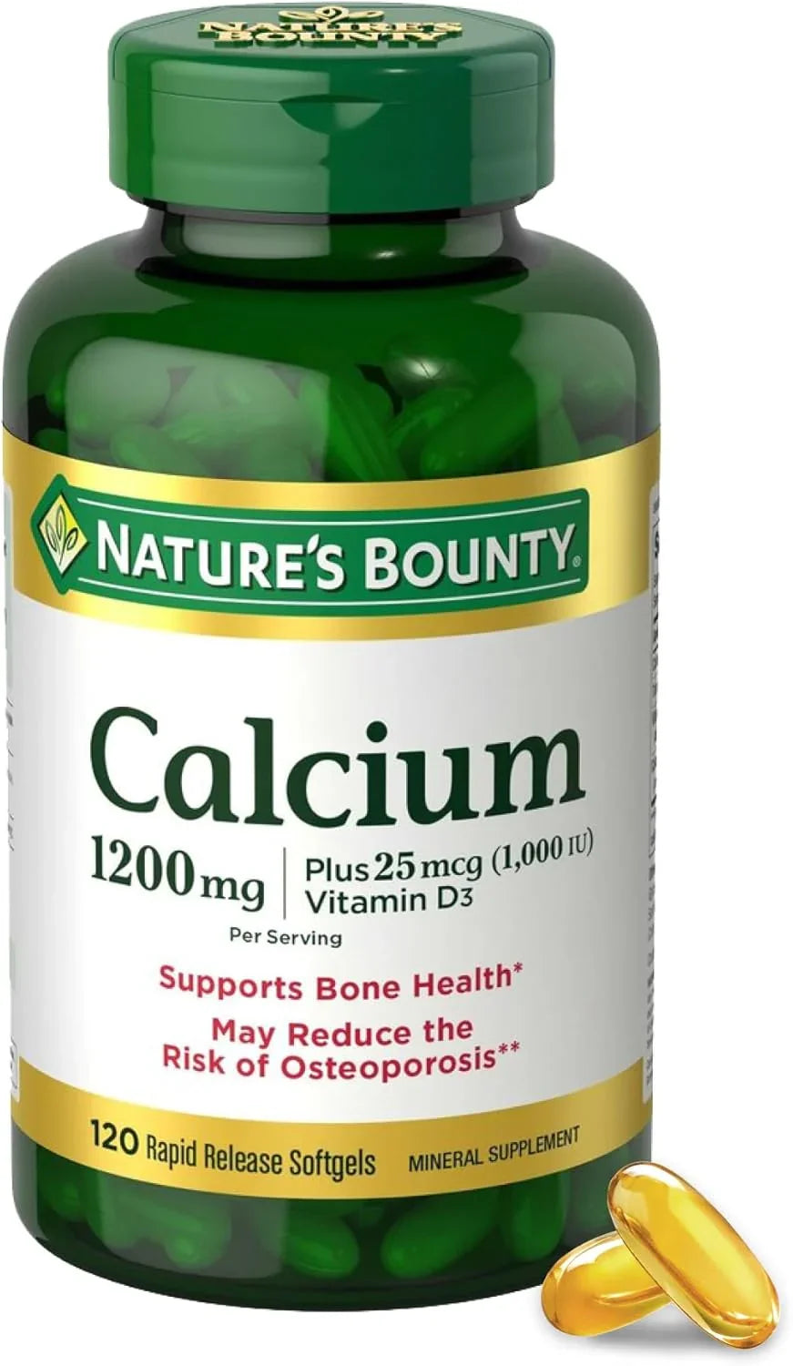 Frasco verde do suplemento Nature's Bounty contendo 1200mg de Cálcio e 1000 UI de Vitamina D3 com 120 cápsulas softgel, produto original dos EUA.