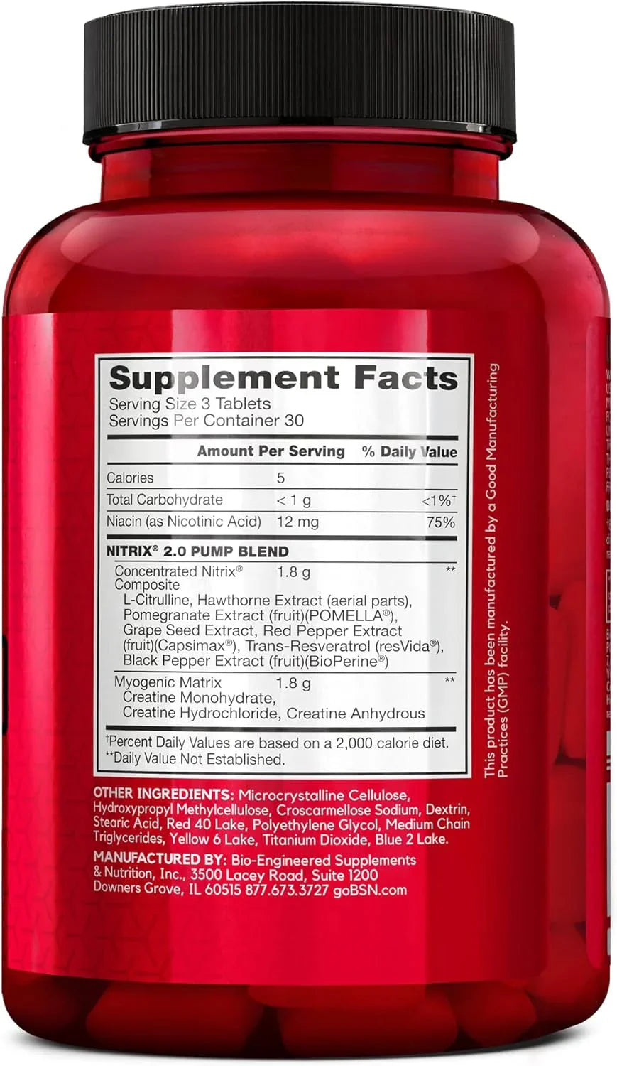 Frasco vermelho com rótulo de suplemento NutriVita, detalhando ingredientes e informações nutricionais.