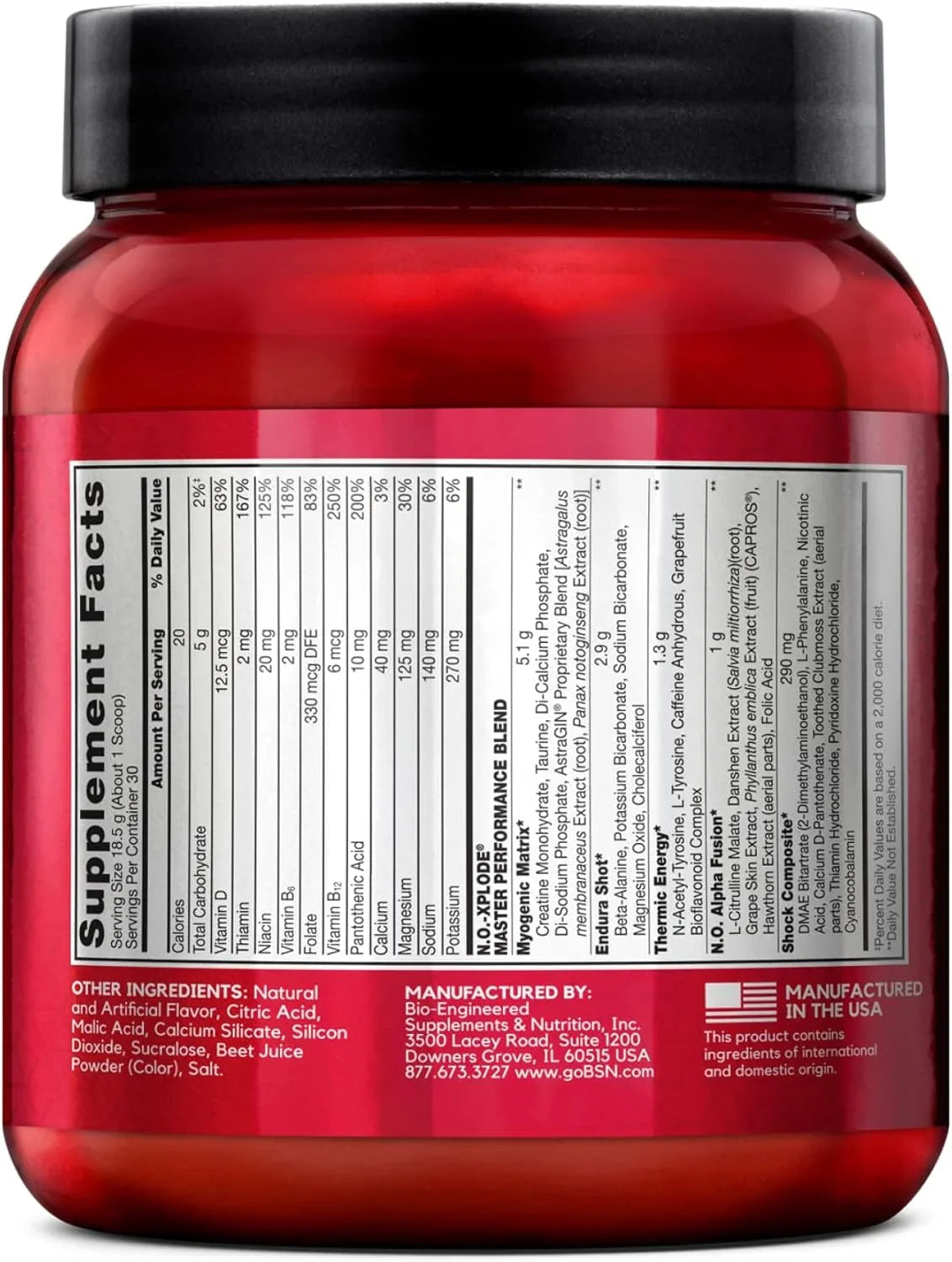 Informacao nutricional do pre-treino BSN NO-XPLODE destacando a quantidade de creatina e beta-alanina