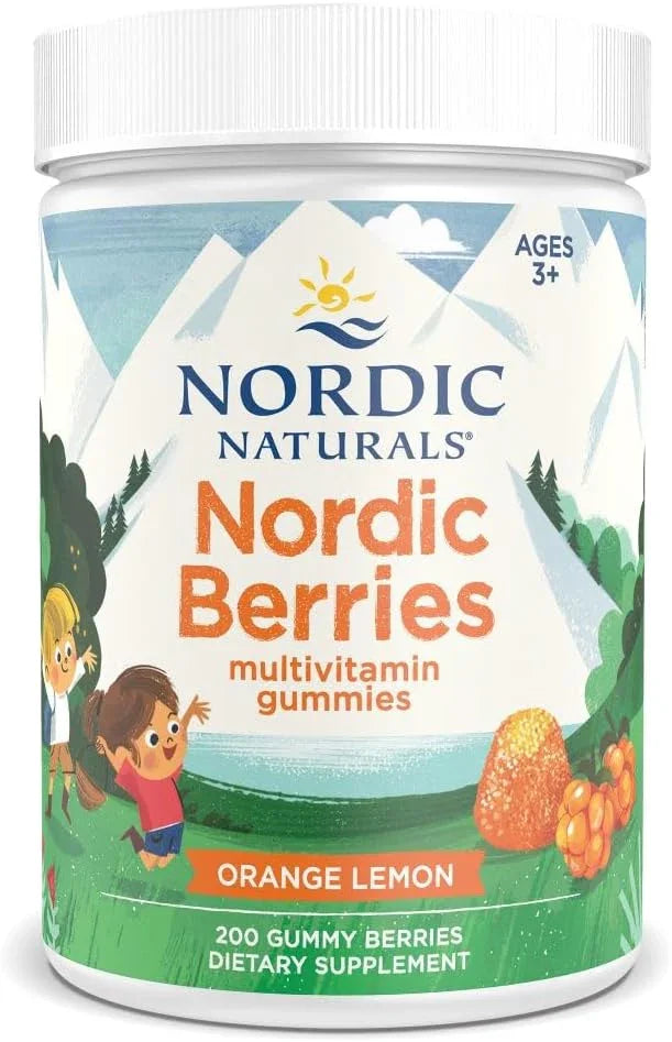 Nordic Naturals Nordic Berries Multivitamínico Infantil em Gomas Sabor Laranja-Limão 200 Gomas frente do frasco.