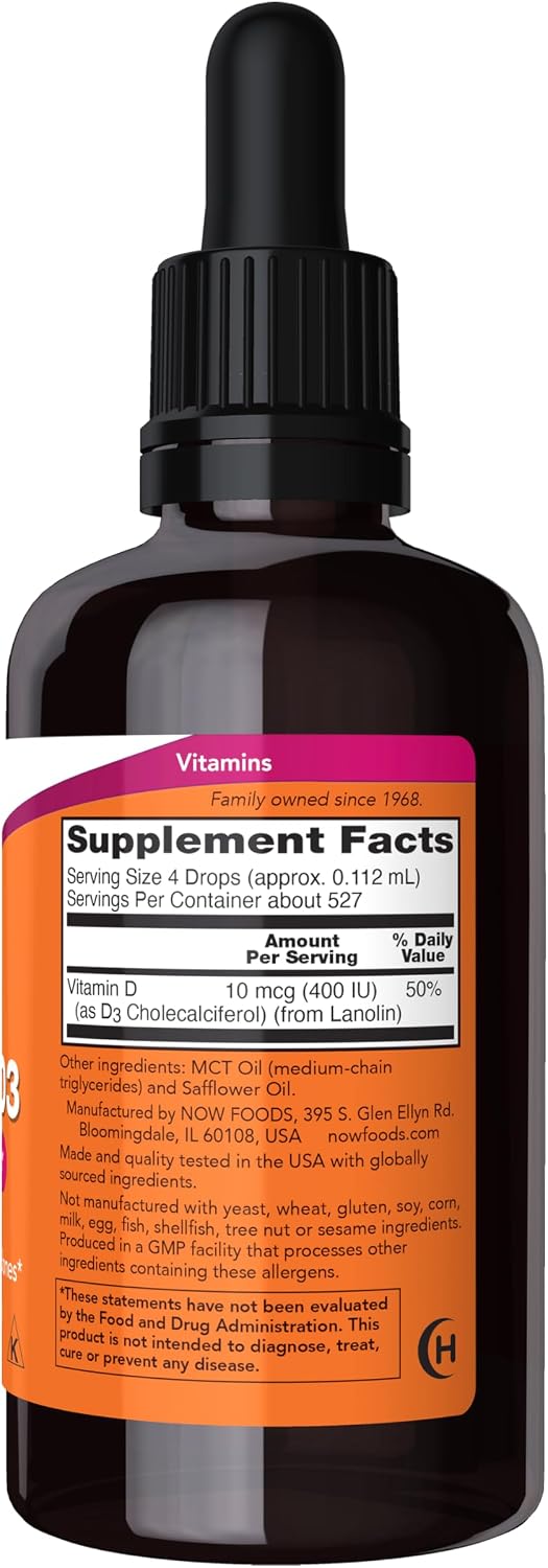 Tabela nutricional de NOW Foods Vitamina D3 Líquida: 10 mcg (400 UI) por 4 gotas