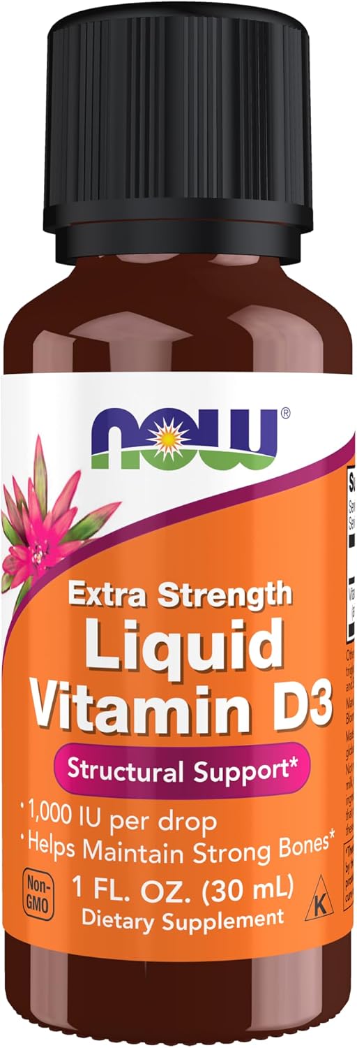 Frasco de NOW Foods Vitamina D3 Líquida Extra Strength 1.000 UI por gota, 30 ml, com rótulo laranja e tampa preta.