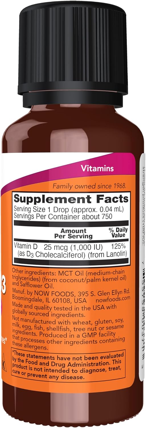 Tabela nutricional da NOW Foods Vitamina D3 Líquida: 25 mcg (1.000 IU) por gota, 125% do valor diário e cerca de 750 porções.