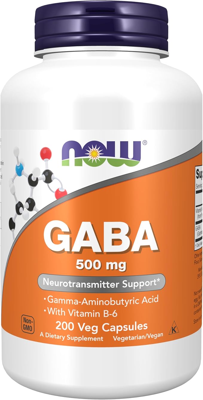 Frasco de NOW GABA 500 mg com vitamina B6, rótulo laranja, tampa roxa e 200 cápsulas vegetais.