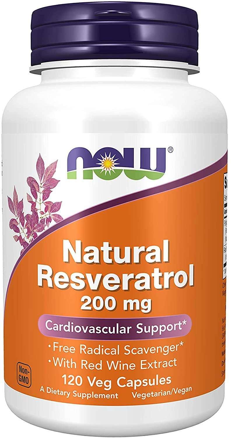 Frasco do suplemento Resveratrol Natural 200mg da NOW Foods com 120 cápsulas veganas. Rótulo azul e branco em destaque.