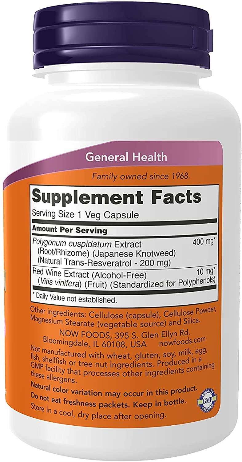 Frasco do suplemento Resveratrol Natural 200mg da NOW Foods com 120 cápsulas veganas.- NutriVita