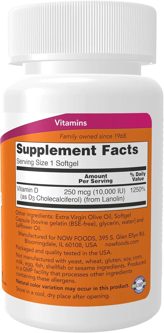 Tabela nutricional e ingredientes da Vitamina D-3 NOW Foods destacando 10.000 UI de Colecalciferol.