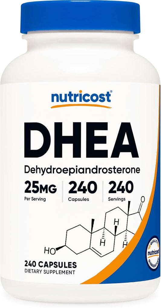 Frente do frasco Nutricost DHEA 25 mg com 240 cápsulas